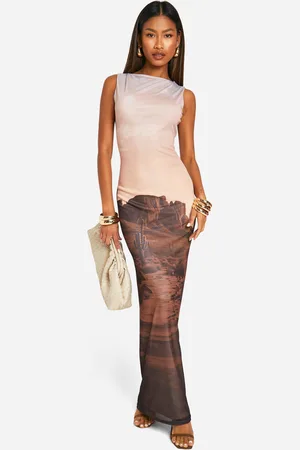Boohoo Womens Printed Mesh Slash Neck Vest Column Maxi Dress - - 12