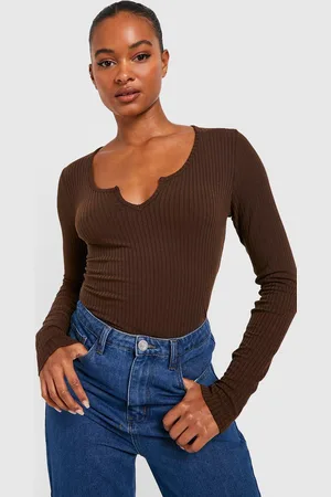 Boohoo Womens Tall Soft Rib Notch Neck Longsleeve Bodysuit - - 8