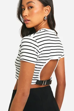 Boohoo Womens Striped Collared Open Back Short Sleeve Crop Top - - L