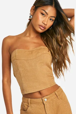 Boohoo Womens Diamante Hot Fix Sweetheart Neckline Denim Corset Top - - 16