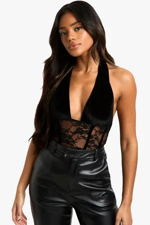 Boohoo Womens Velvet Lace Plunge Front Bodysuit - - 14