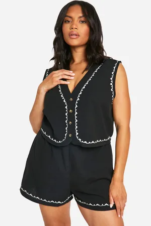 Boohoo Womens Plus Embroidered Linen Look Waistcoat And Short Set - - 18