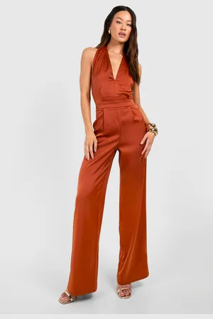 Boohoo Womens Tall Satin Halterneck Pleated Wide Leg Jumpsuit - - 10