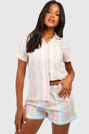 Boohoo Womens Cotton Stripe Pyjama Shirt & Short Set - - 14