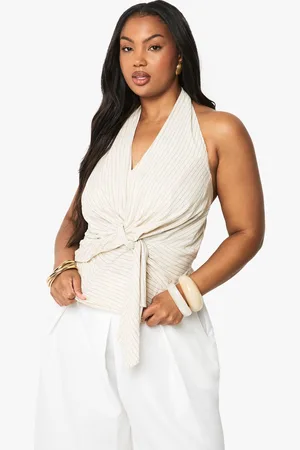 Boohoo Womens Plus Linen Stripe Halter Tie Front Top - - 16