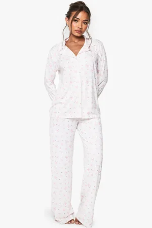 Boohoo Womens Bow Print Long Sleeve Shirt & Trousers Pyjama Set - - 8