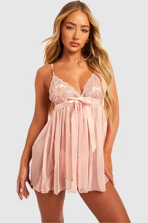 Boohoo Womens Pleated Bow Babydoll & String Set - - Xl