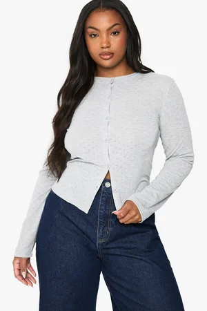 Boohoo Womens Plus Pointelle Long Sleeve Button Down Fitted Top - - 16