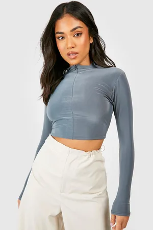 Boohoo Womens Petite Double Slinky Long Sleeve Half Zip Crop Top - - 12
