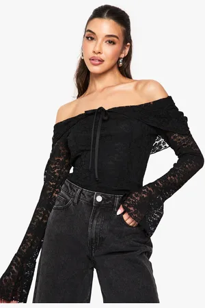 Boohoo Womens Lace Bardot Tie Detail Long Sleeve Top - - 6