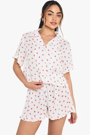 Boohoo Womens Strawberry Print Cleesecloth Boxy Shirt And Short Pyjama Set - - 6
