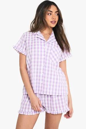 Boohoo Womens Gingham Seersucker Ruffle Detail Short Sleeve Shirt & Shorts Pyjama Set - - 6