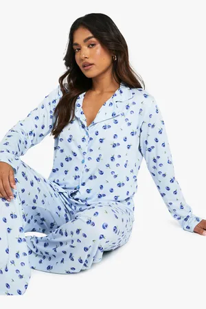 Boohoo Womens Petite Blueberry Print Long Sleeve Shirt & Trousers Pyjama Set - 6