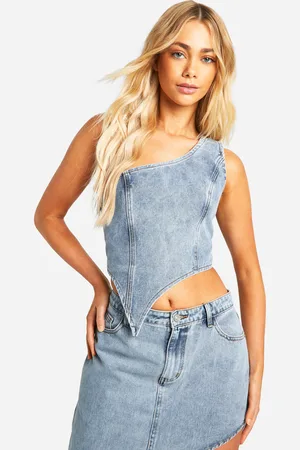 Boohoo Womens Asymmetric One Shoulder Denim Crop Top - - 12