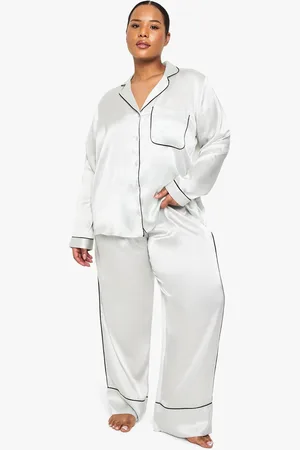 Boohoo Womens Plus Contrast Piping Satin Long Sleeve Pyjama Shirt And Trouser Set - - 16