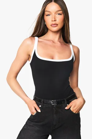 Boohoo Womens Rib Contrast Binding Square Neck Sleevless Bodysuit - - 6