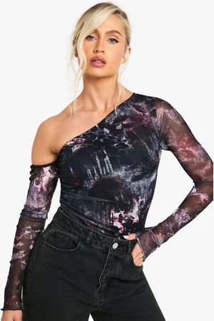 Boohoo Womens Petite Printed Mesh Asym Shoulder Bodysuit - - 6