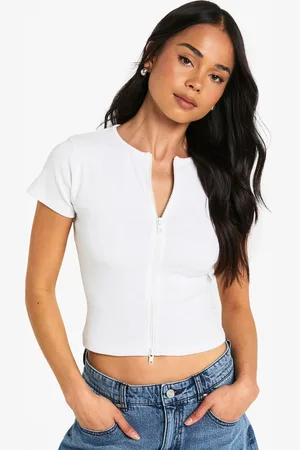 Boohoo Womens Rib Double Zip Through Short Sleeve Top - - 6