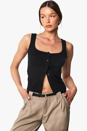 Boohoo Womens Rib Button Through Square Neck Top - - 6
