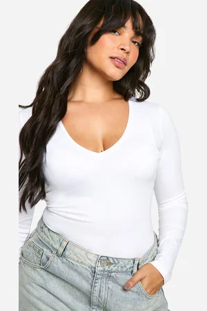 Boohoo Womens Plus Cotton Plunge Long Sleeve Bodysuit - - 16