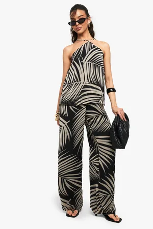 Boohoo Womens Palm Print Chiffon Wide Leg Jumpsuit - - 8