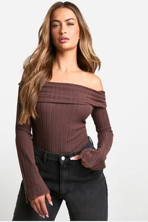 Boohoo Womens Rib Bardot Long Sleeve Bodysuit - - 6