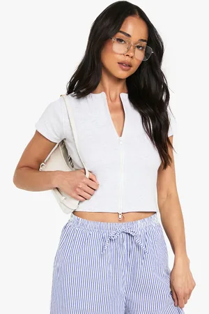 Boohoo Womens Rib Double Zip Through Short Sleeve Top - - 6