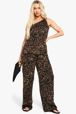 Boohoo Womens Leopard Print Chiffon Wide Leg Jumpsuit - - 8