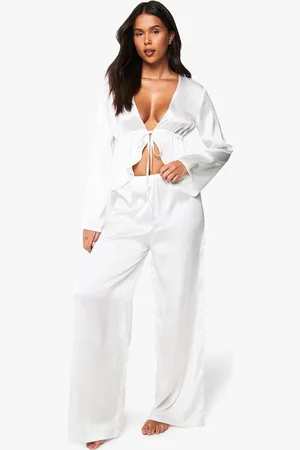Boohoo Womens Bridal Long Sleeve Tie Front Top And Trouser Pyjama Set - - 6