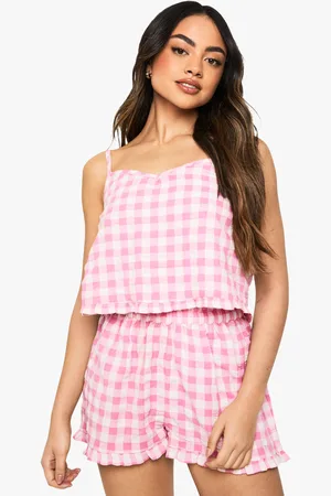 Boohoo Womens Seersucker Gingham Ruffle Short And Cami Pyjama Set - - 8