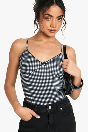 Boohoo Womens Gingham Picot Trim Bodysuit - - 6
