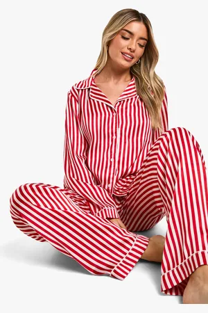 Boohoo Womens Christmas Candy Cane Stripe Satin Button Through Shirt & Trouser Pyjama Set - - 14