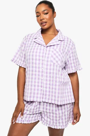 Boohoo Womens Plus Seersucker Gingham Ruffle Shirt And Trouser Pyjama Set - - 16