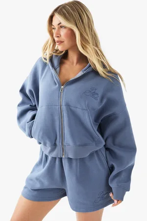 Boohoo Womens Dsgn Studio Contrast Script Boxy Crop Zip Through Hoodie - - S