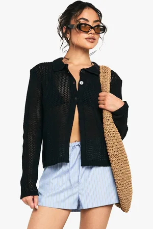 Boohoo Womens Crochet Knitted Button Through Collared Cardigan - - S