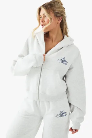 Boohoo Womens Dsgn Studio Contrast Script Boxy Crop Zip Through Hoodie - - S
