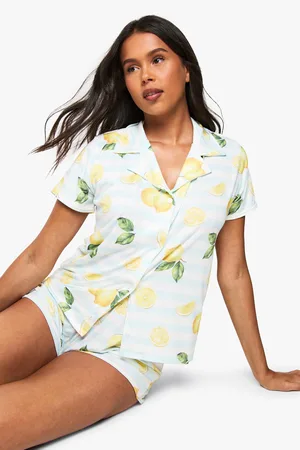 Boohoo Womens Lemon Print Stripe Short Sleeve Shirt & Shorts Pyjama Set - - 6