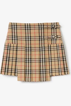 Burberry Pleated Check Wool Mini Kilt, Beige