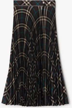 Burberry Pleated Check Wool Blend Midi Skirt