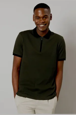 Burton Mens Dark Green Contrast Collar Zip Neck Polo Shirt