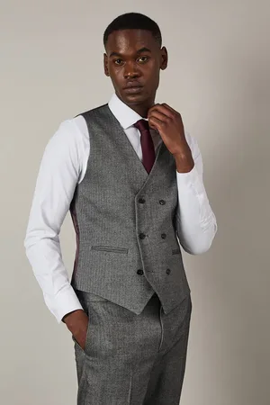 Burton Mens Tweed Look Herringbone Slim Fit Waistcoat