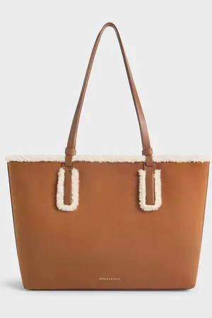 CHARLES & KEITH Noelle Faux Suede Fur-Trim Tote Bag
