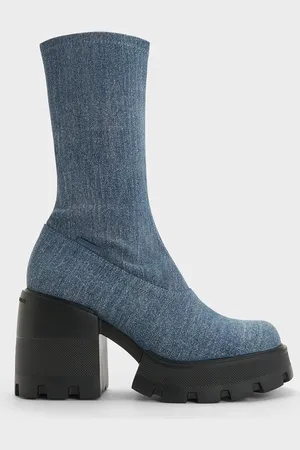 CHARLES & KEITH Denim Side-Zip Platform Calf Boots