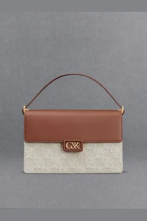 CHARLES & KEITH Leather & Canvas Two-Tone Shoulder Bag