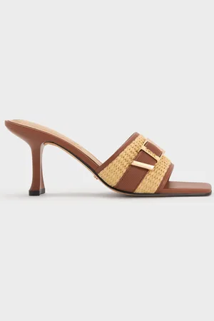 CHARLES & KEITH Whitney Leather & Raffia Buckled Heeled Mules