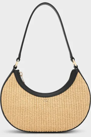 CHARLES & KEITH Leather & Raffia Crescent Hobo Bag