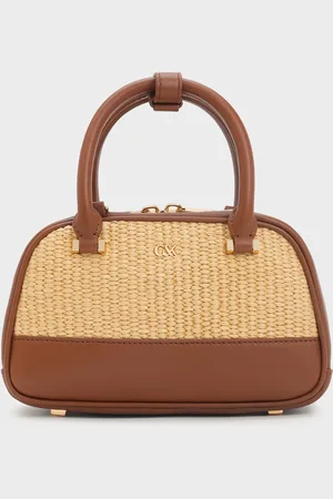 CHARLES & KEITH Leather & Raffia Bowling Bag