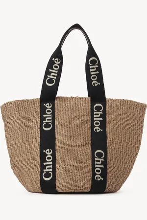 Chloé Large Woody tote bag in natural fibres Size OneSize 100% Paper, Calf-skin leather