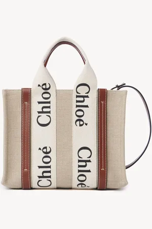 Chloé Small Woody tote bag in linen Size OneSize 100% Linen, Calf-skin leather, Polyester