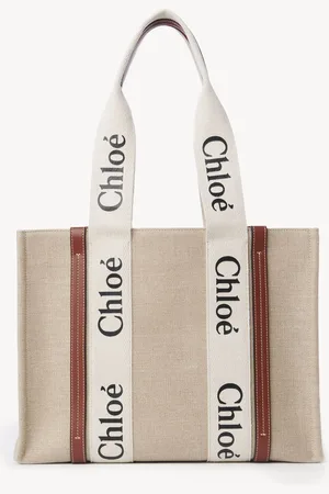 Chloé Woody tote bag in linen Size OneSize 100% Linen, Calf-skin leather, Polyester